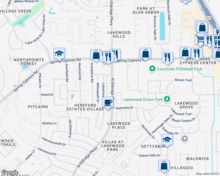 map of restaurants, bars, coffee shops, grocery stores, and more near 16323 North Eldridge Parkway in Tomball