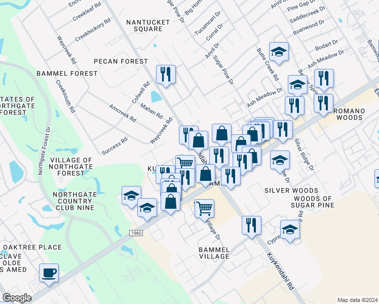 map of restaurants, bars, coffee shops, grocery stores, and more near 15945 Kuykendahl Rd in Houston