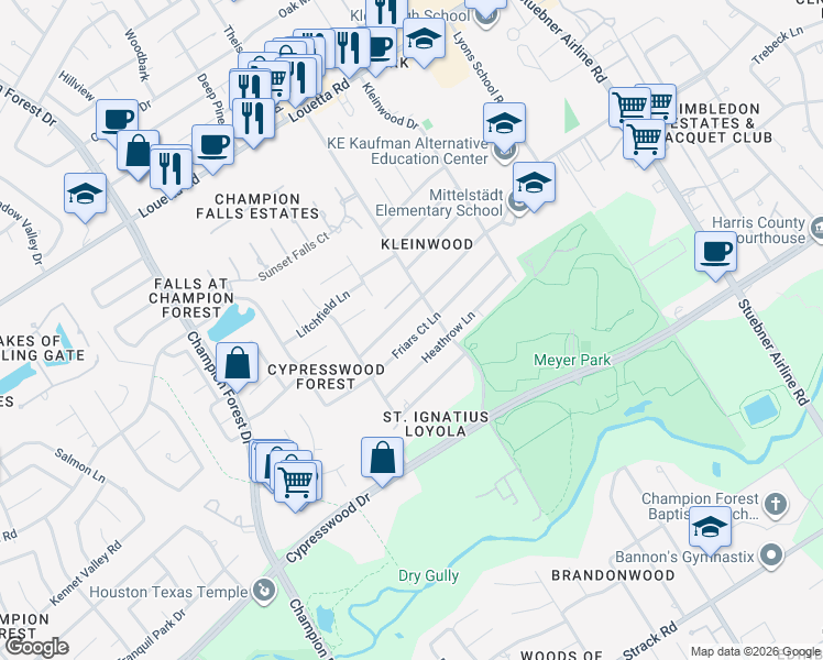 map of restaurants, bars, coffee shops, grocery stores, and more near 7818 Friars Court Lane in Spring