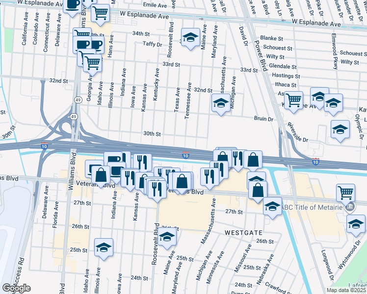 map of restaurants, bars, coffee shops, grocery stores, and more near 2904 Texas Avenue in Kenner