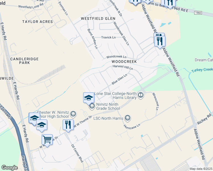 map of restaurants, bars, coffee shops, grocery stores, and more near 2802 Blue Glen Lane in Houston
