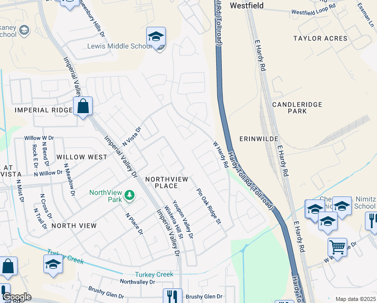 map of restaurants, bars, coffee shops, grocery stores, and more near 16230 Blue Rock Springs Drive in Houston