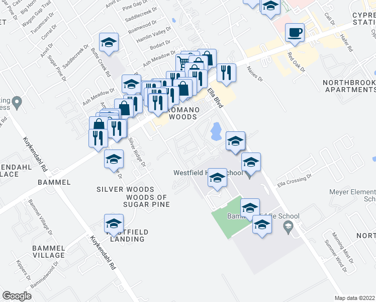 map of restaurants, bars, coffee shops, grocery stores, and more near 1699 Romano Park Lane in Houston