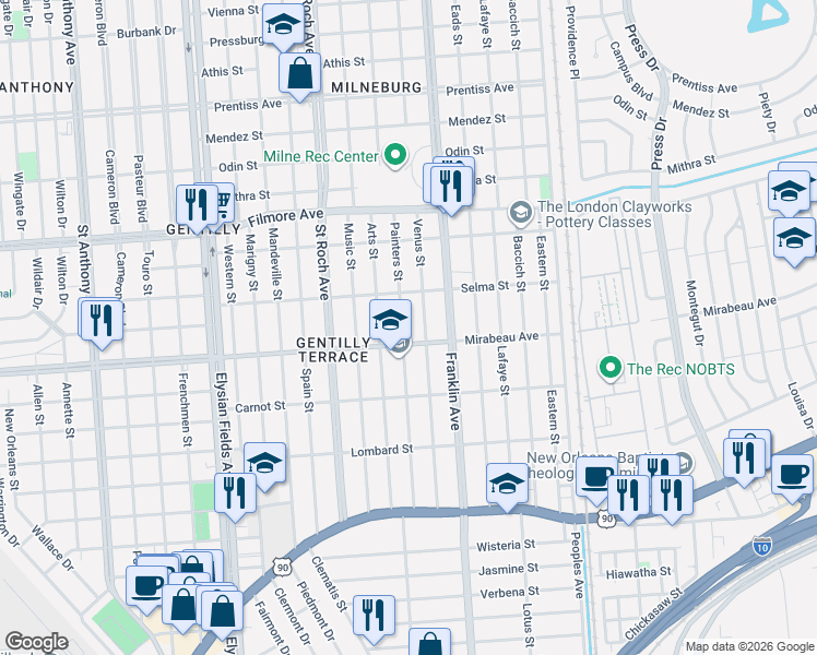 map of restaurants, bars, coffee shops, grocery stores, and more near 4915 Painters Street in New Orleans