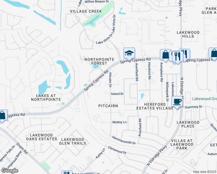 map of restaurants, bars, coffee shops, grocery stores, and more near 12703 High Sea Drive in Tomball