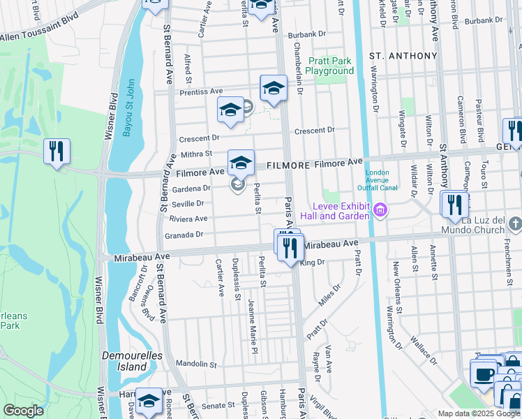 map of restaurants, bars, coffee shops, grocery stores, and more near 5101 Perlita Street in New Orleans