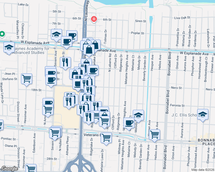 map of restaurants, bars, coffee shops, grocery stores, and more near 3225 Tolmas Drive in Metairie