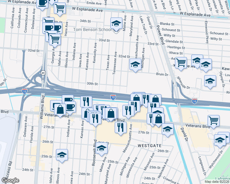 map of restaurants, bars, coffee shops, grocery stores, and more near 2911 Maine Avenue in Kenner