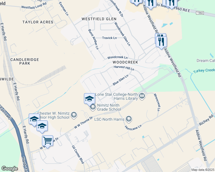 map of restaurants, bars, coffee shops, grocery stores, and more near 2802 Blue Glen Lane in Houston