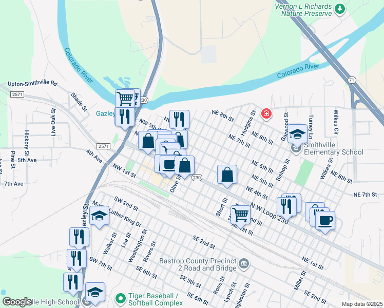 map of restaurants, bars, coffee shops, grocery stores, and more near 400 Olive St in Smithville