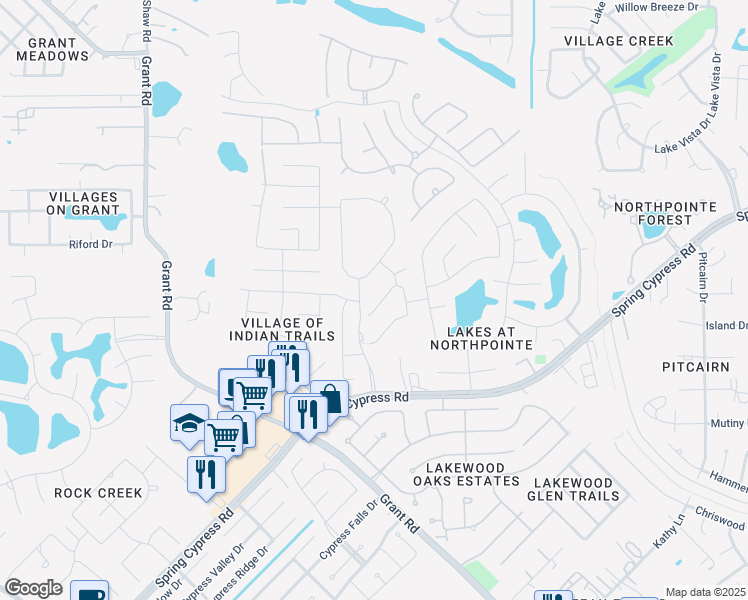 map of restaurants, bars, coffee shops, grocery stores, and more near 13727 Pedernales Court in Cypress