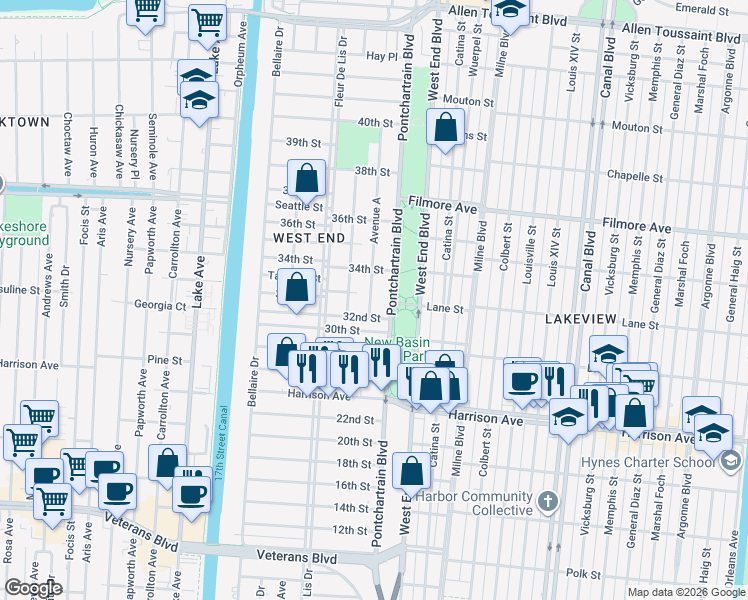 map of restaurants, bars, coffee shops, grocery stores, and more near 6409 Avenue B in New Orleans