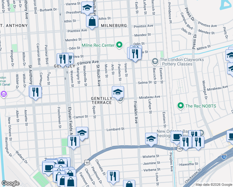 map of restaurants, bars, coffee shops, grocery stores, and more near 4921 Music Street in New Orleans