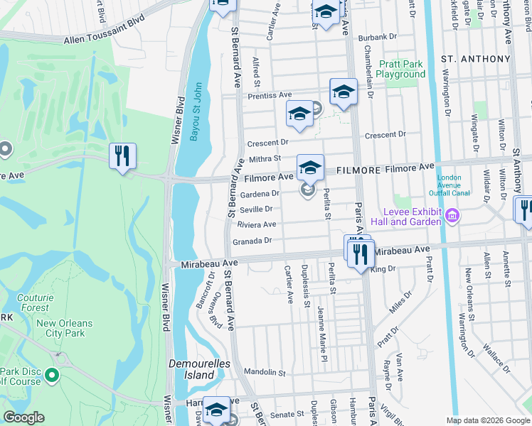 map of restaurants, bars, coffee shops, grocery stores, and more near 3539601 Riviera Avenue in New Orleans