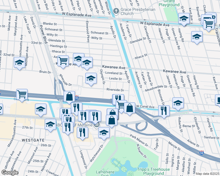 map of restaurants, bars, coffee shops, grocery stores, and more near in Metairie