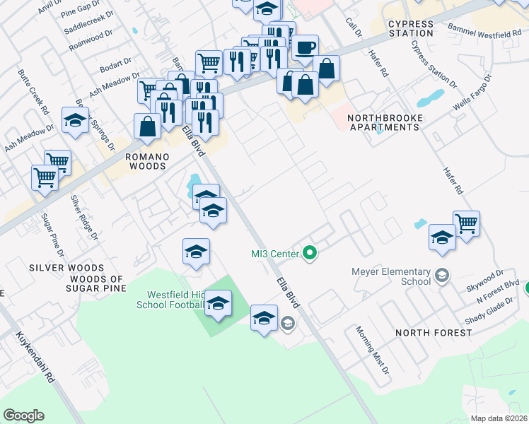 map of restaurants, bars, coffee shops, grocery stores, and more near 16526 Ella Boulevard in Houston
