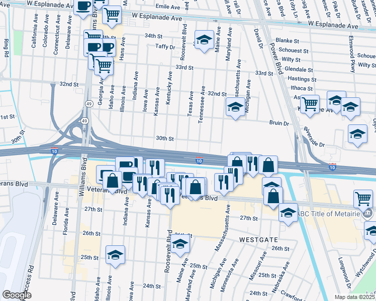 map of restaurants, bars, coffee shops, grocery stores, and more near 2904 Texas Avenue in Kenner