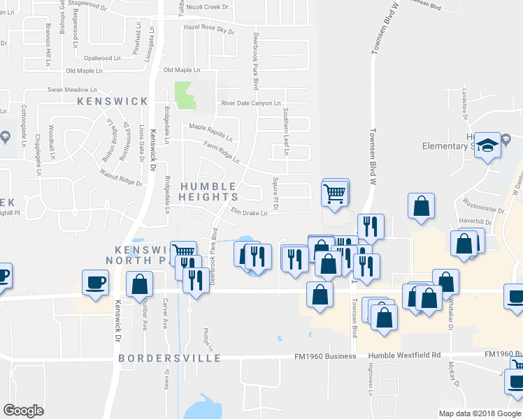 map of restaurants, bars, coffee shops, grocery stores, and more near 8923 Elm Drake Lane in Humble