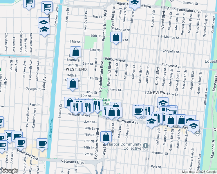 map of restaurants, bars, coffee shops, grocery stores, and more near 6449 West End Boulevard in New Orleans