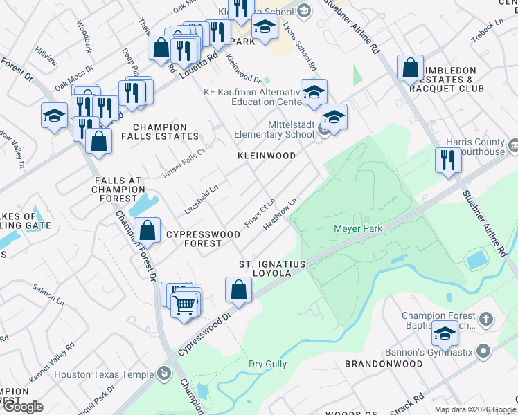 map of restaurants, bars, coffee shops, grocery stores, and more near 7818 Friars Court Lane in Spring