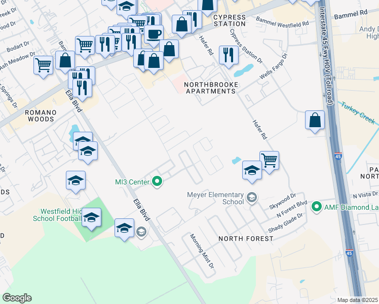 map of restaurants, bars, coffee shops, grocery stores, and more near 16626 Cheshire Grove Lane in Houston