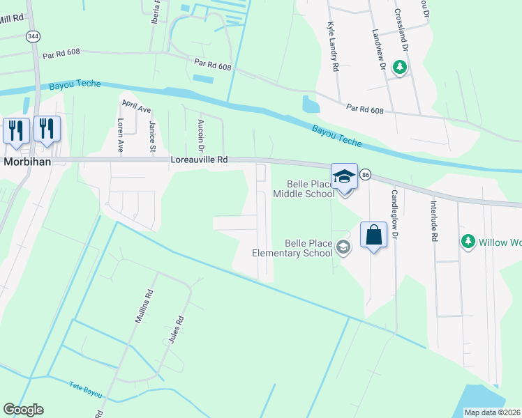 map of restaurants, bars, coffee shops, grocery stores, and more near 3903 Willow Bend Drive in New Iberia