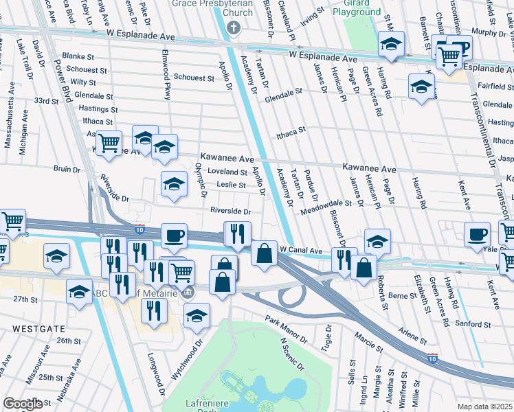 map of restaurants, bars, coffee shops, grocery stores, and more near 6201 Riverside Drive in Metairie