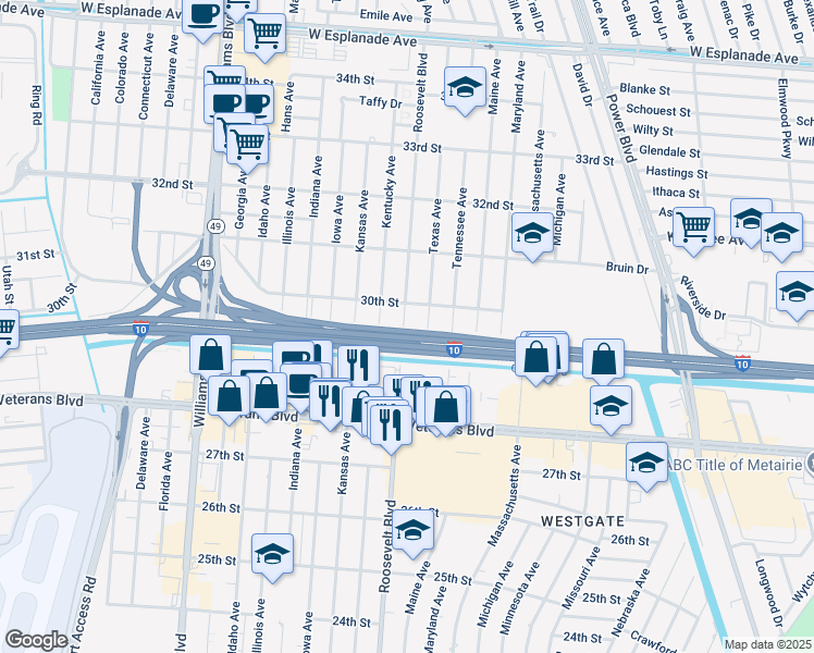 map of restaurants, bars, coffee shops, grocery stores, and more near 2904 Roosevelt Boulevard in Kenner