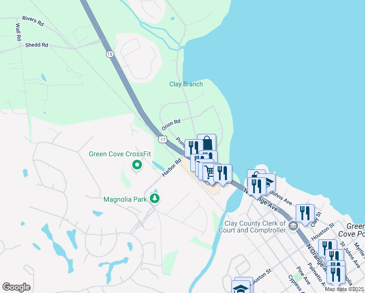 map of restaurants, bars, coffee shops, grocery stores, and more near 3499 U.S. 17 in Green Cove Springs