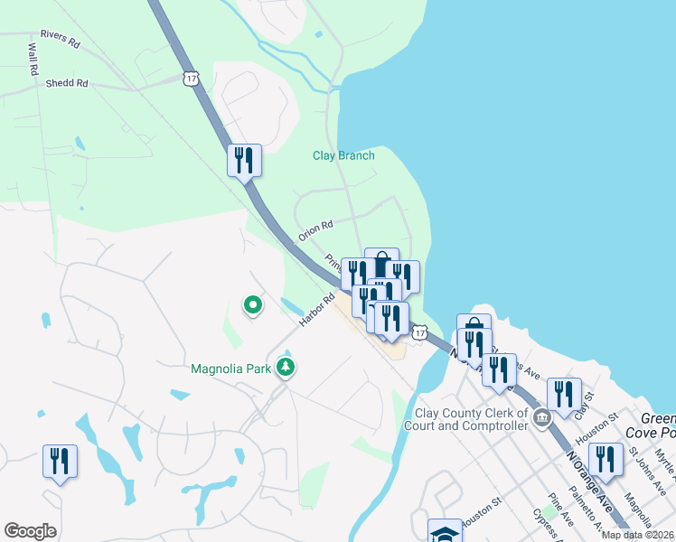 map of restaurants, bars, coffee shops, grocery stores, and more near 3499 U.S. 17 in Green Cove Springs