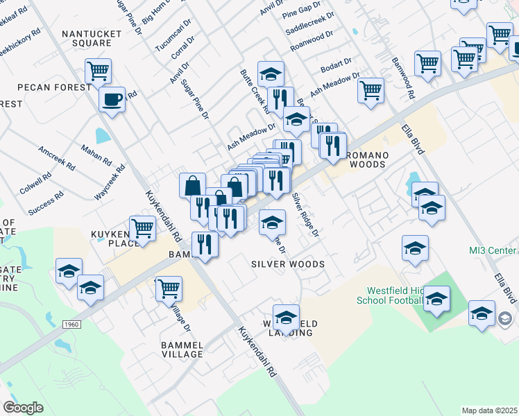 map of restaurants, bars, coffee shops, grocery stores, and more near 16966 Sugar Pine Drive in Houston