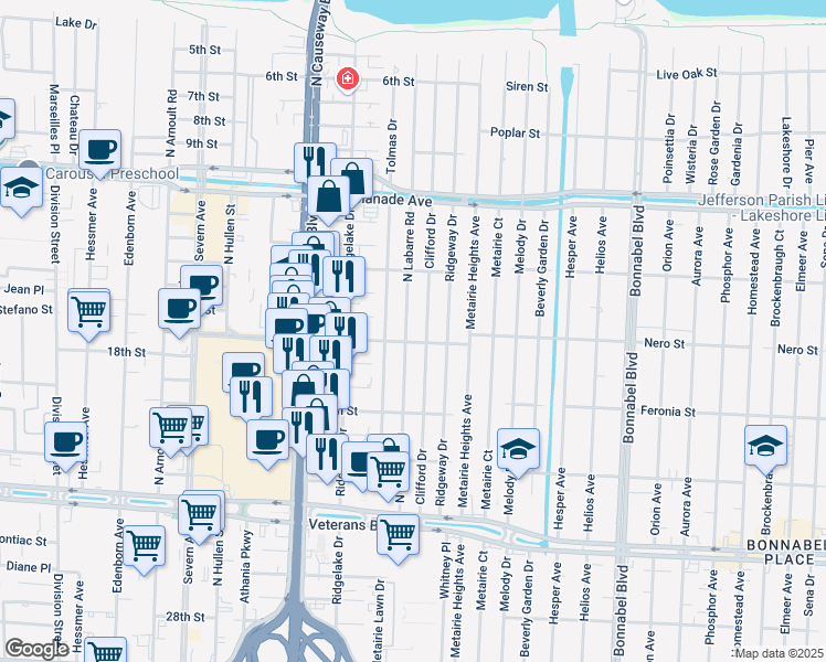 map of restaurants, bars, coffee shops, grocery stores, and more near 3225 Tolmas Drive in Metairie