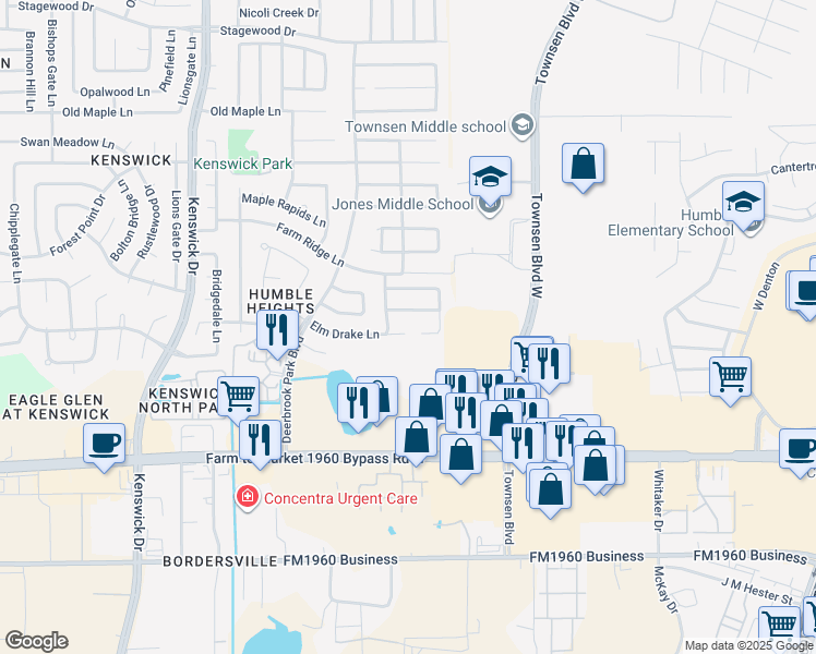 map of restaurants, bars, coffee shops, grocery stores, and more near 9102 Stag Brook Court in Humble