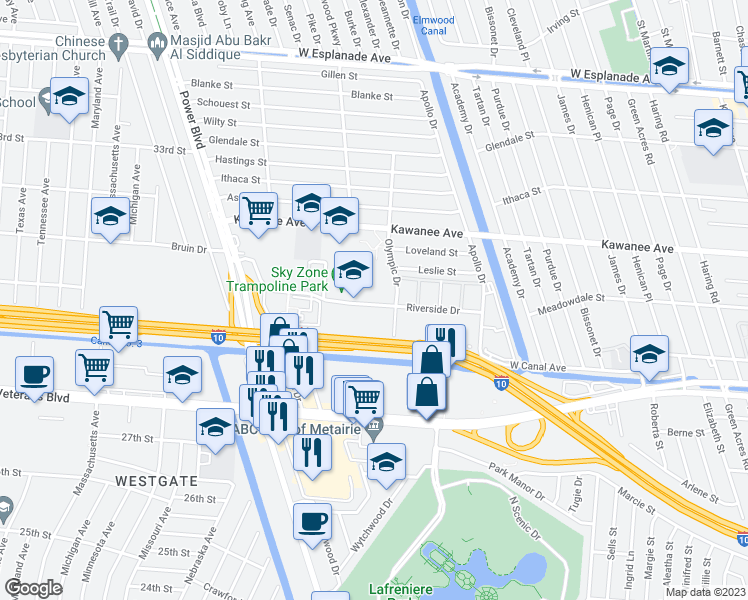 map of restaurants, bars, coffee shops, grocery stores, and more near 6615 Riverside Drive in Metairie