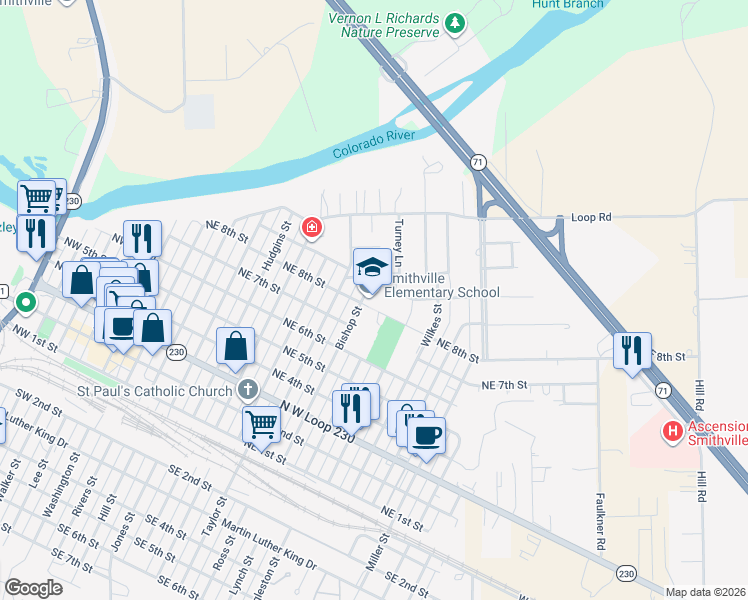 map of restaurants, bars, coffee shops, grocery stores, and more near 800 Bishop Street in Smithville
