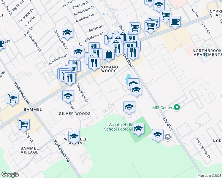 map of restaurants, bars, coffee shops, grocery stores, and more near 1699 Romano Park Lane in Houston