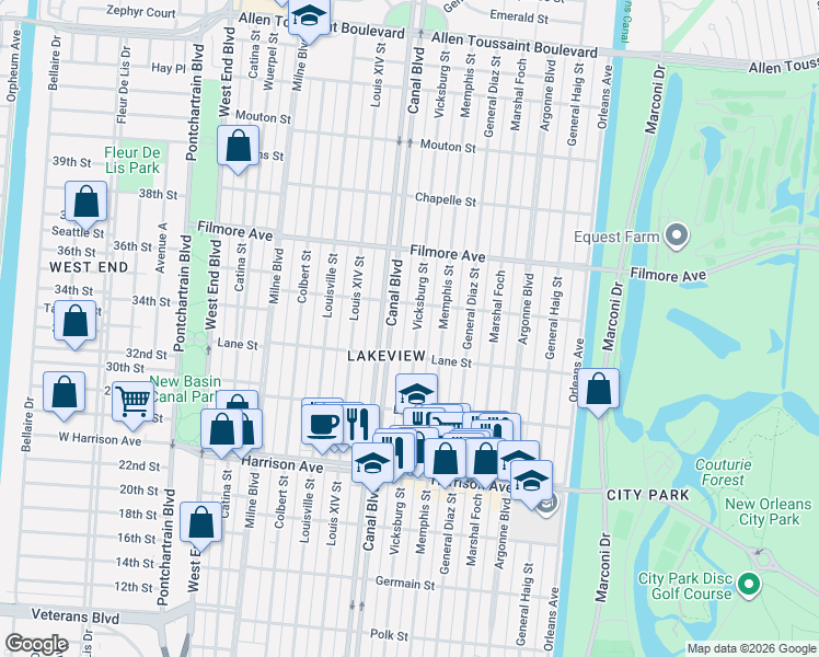 map of restaurants, bars, coffee shops, grocery stores, and more near 6475 Canal Boulevard in New Orleans
