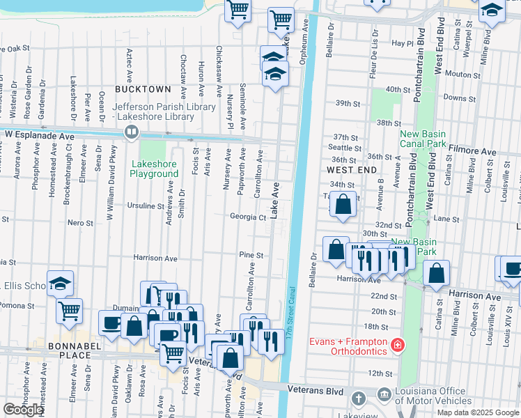 map of restaurants, bars, coffee shops, grocery stores, and more near 1257 Carrollton Avenue in Metairie