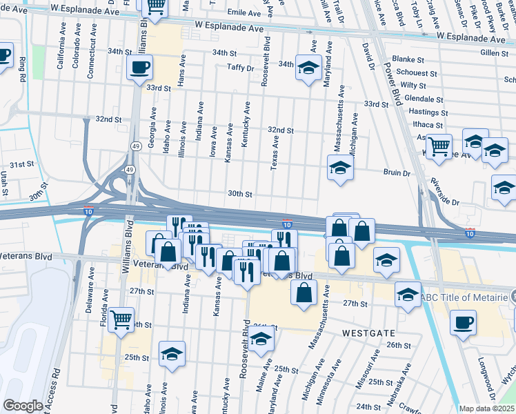 map of restaurants, bars, coffee shops, grocery stores, and more near 2904 Roosevelt Boulevard in Kenner