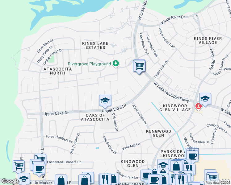 map of restaurants, bars, coffee shops, grocery stores, and more near 5902 Bent Tree Court in Humble