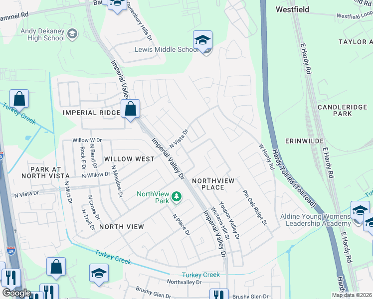 map of restaurants, bars, coffee shops, grocery stores, and more near 16407 West Calico Rock Lane in Houston