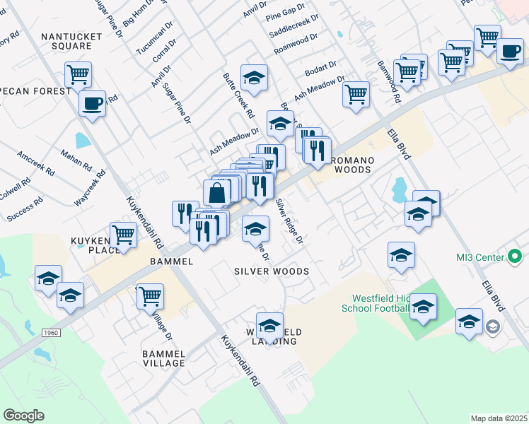 map of restaurants, bars, coffee shops, grocery stores, and more near 16846-16966 Sugar Pine Drive in Houston