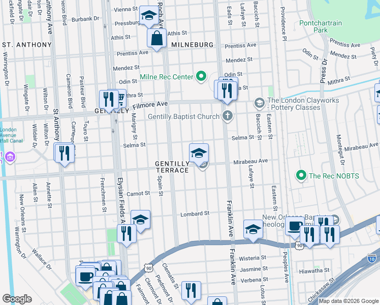 map of restaurants, bars, coffee shops, grocery stores, and more near 4921 Music Street in New Orleans