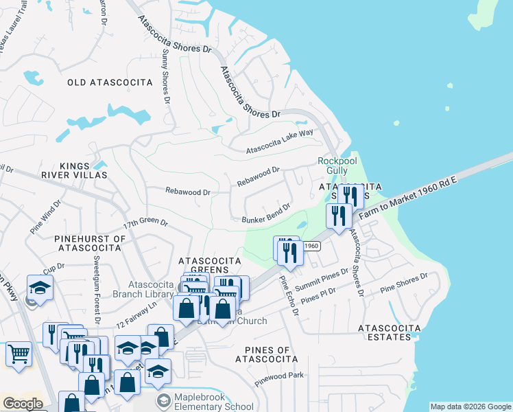 map of restaurants, bars, coffee shops, grocery stores, and more near 8335 Bunker Bend Drive in Humble