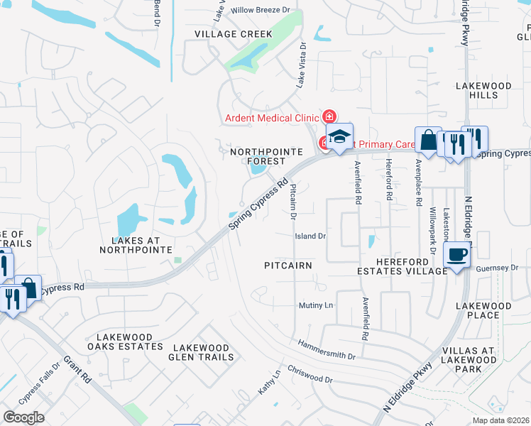 map of restaurants, bars, coffee shops, grocery stores, and more near 12929 Spring Cypress Road in Tomball