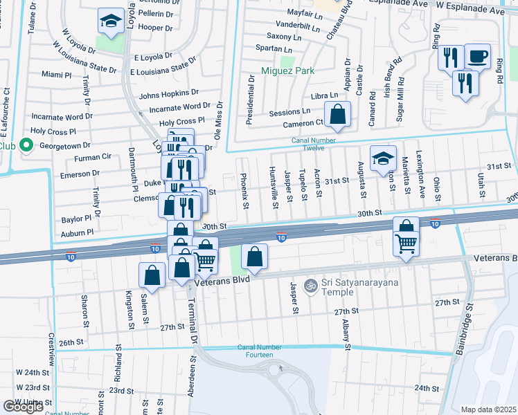map of restaurants, bars, coffee shops, grocery stores, and more near 3022 Phoenix Street in Kenner