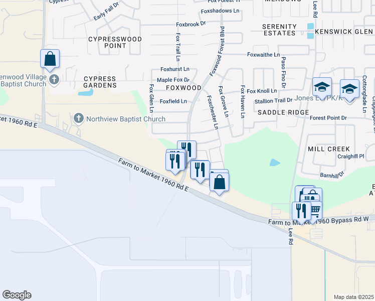 map of restaurants, bars, coffee shops, grocery stores, and more near 19920 Foxwood Forest Boulevard in Humble