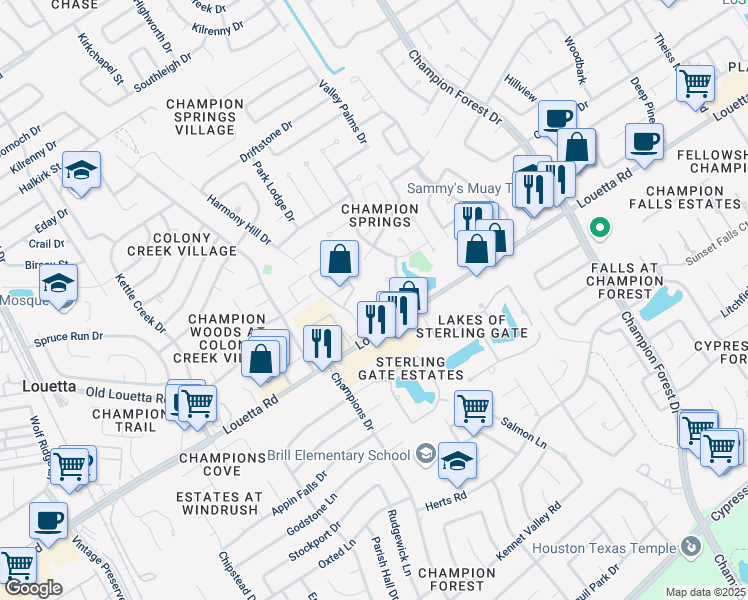 map of restaurants, bars, coffee shops, grocery stores, and more near 8822 Louetta Road in Spring