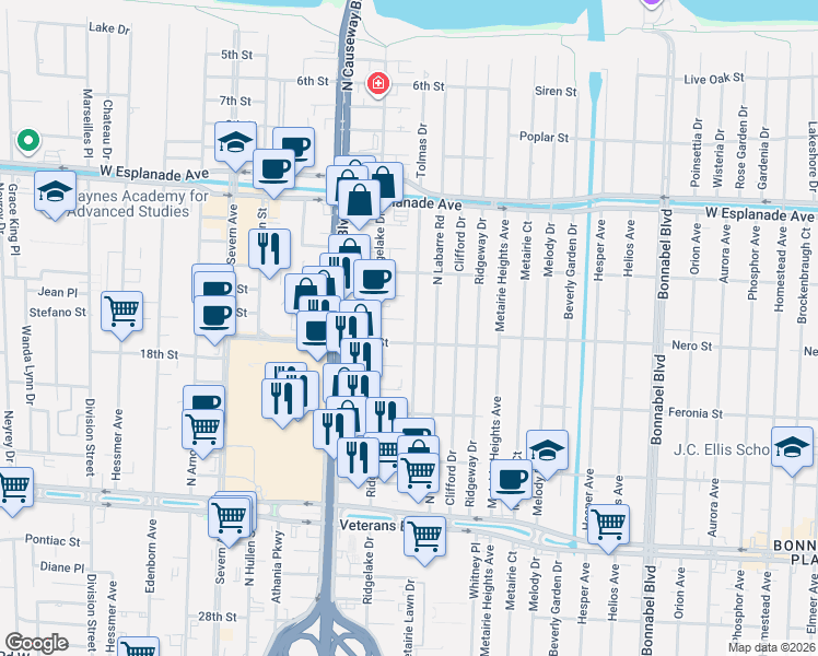 map of restaurants, bars, coffee shops, grocery stores, and more near 3225 Tolmas Drive in Metairie