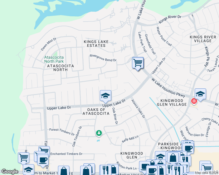 map of restaurants, bars, coffee shops, grocery stores, and more near 5902 Bent Tree Court in Humble